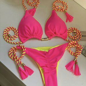 Backless braided two-piece bikini triangle red swimsuit two-piece